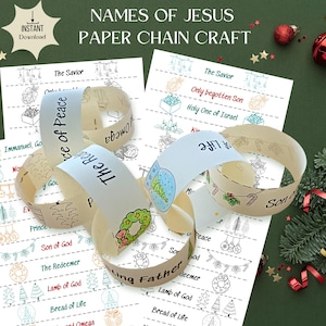 May include: A printable paper chain craft activity featuring the names of Jesus. The paper chain links are decorated with Christmas-themed illustrations, such as wreaths, ornaments, and snow globes. The printable sheet includes a list of names of Jesus, such as "The Saviour", "Prince of Peace", and "Son of God".