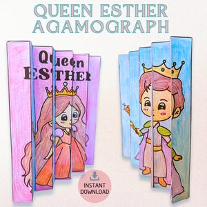 Puede incluir: Un agamógrafo colorido con la Reina Ester, con el texto "QUEEN ESTHER AGAMOGRAPH" en la parte superior. El agamógrafo muestra dos imágenes diferentes de la Reina Ester, una con un vestido rosa y otra con una capa morada. También se ven las palabras "INSTANT DOWNLOAD".