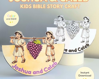 Puede incluir: Un proyecto de manualidades para niños con el texto "Joshua & Caleb" y "Kids Bible Story Craft". La imagen muestra dos recortes de papel de figuras que llevan un gran racimo de uvas. Uno está coloreado, el otro en blanco y negro. También se ven las palabras "Color and B&W" e "Instant Download".