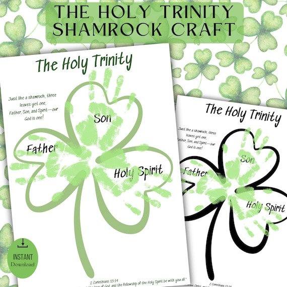 St. Patrick's day shamrock handprint craft| St. Patrick children art activity| The Holy Trinity for kids| Sunday School printable| Bible DIY