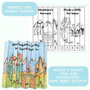 Op de afbeelding: Een kleurrijke, opvouwbare Bijbelactiviteit met illustraties van bijbelse sc&egrave;nes, kamelen en figuren. De tekst bevat "Abraham's Servant" en "Finds a Wife for Isaac". De activiteit is ontworpen voor kinderen en bevat de tekst "Perfect for Sunday School."