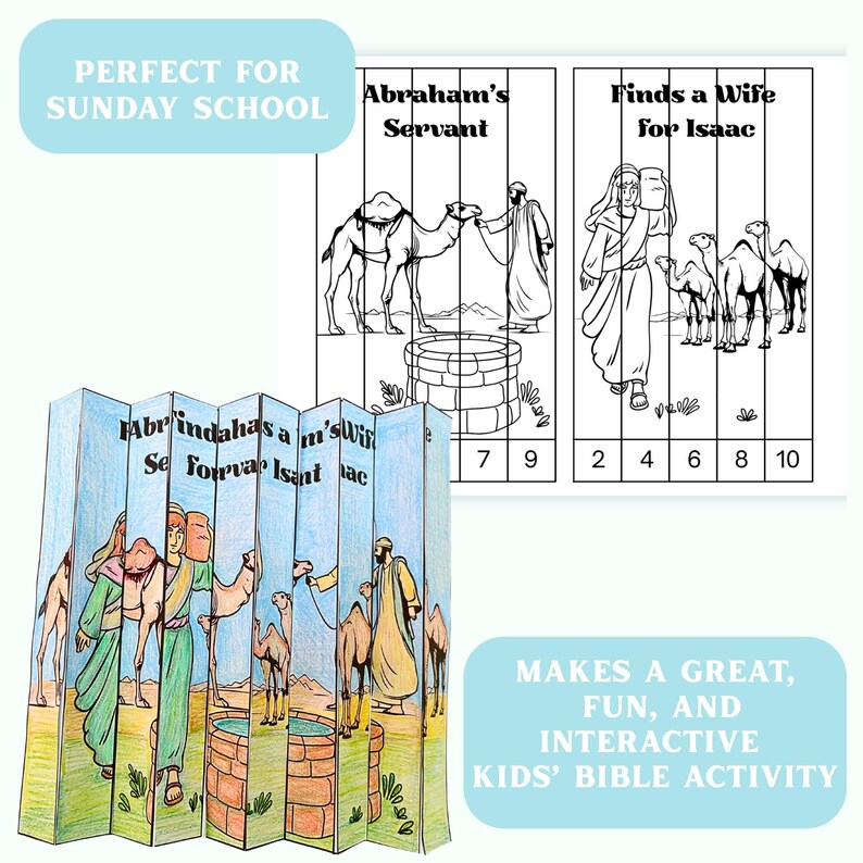 Op de afbeelding: Een kleurrijke, opvouwbare Bijbelactiviteit met illustraties van bijbelse sc&egrave;nes, kamelen en figuren. De tekst bevat "Abraham's Servant" en "Finds a Wife for Isaac". De activiteit is ontworpen voor kinderen en bevat de tekst "Perfect for Sunday School."