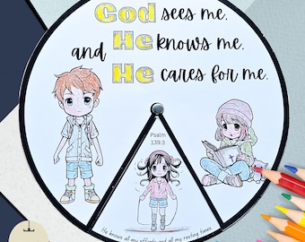 God Sees Me, Knows Me, and Cares for Me Printable Bible Verses Spinner Wheel, Bible Lesson Activity, Memory Game, Sunday School Craft