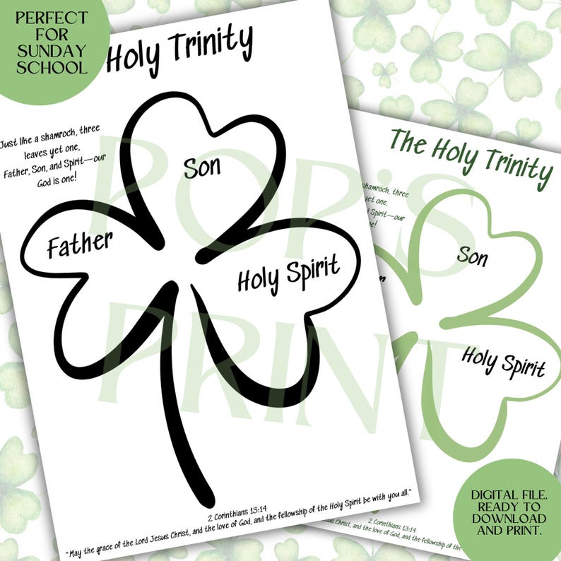 May include: A printable worksheet for Sunday school featuring a shamrock with the words "Father", "Son", and "Holy Spirit" written inside each leaf. The text "Holy Trinity" is at the top of the page. The text "Just like a shamrock, three leaves yet one, Father, Son, and Spirit-our God is one!" is at the bottom of the page.