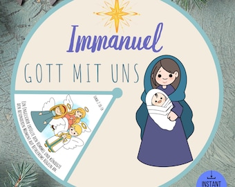 Immanuel – Gott mit uns Ausmal-Dreh-Rad, Bibelstunde-Bastelarbeit, Sonntagsschule-Bastelprojekt, Druckbare Weihnachtsaktivität für Kinder