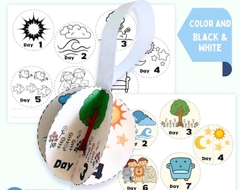May include: A 3D craft kit titled "THE CREATION STORY" with a color and black & white theme. The kit includes a paper sphere with illustrations of the creation story, and a separate sheet with additional circular images. The words "INSTANT DOWNLOAD" are also visible.