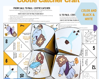 May include: A colorful "From Saul to Paul Cootie Catcher Craft" featuring illustrations and text. The design includes a fortune teller with numbers, prompts, and Bible verses. The words "Instant Download" are visible.