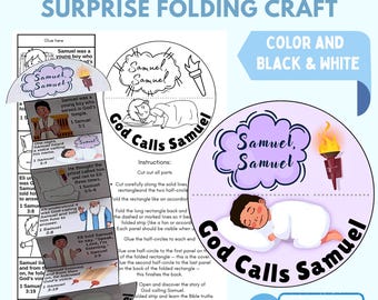 Manualidad bíblica "Dios llama a Samuel" para niños, folleto cristiano imprimible y sorpresa para colorear, lección de fe para la escuela dominical en casa.