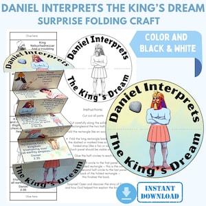 Puede incluir: Una manualidad imprimible que presenta la historia de Daniel interpretando el sueño del rey. El diseño incluye ilustraciones de Daniel, el rey y los elementos del sueño, con el texto "Daniel Interprets The King's Dream". Disponible en color y blanco y negro.