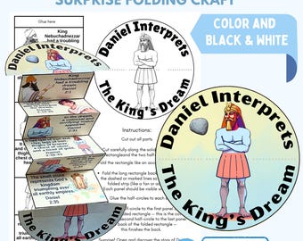 Può includere: Un lavoretto stampabile con la storia di Daniele che interpreta il sogno del re. Il design include illustrazioni di Daniele, del re e degli elementi del sogno, con il testo "Daniel Interprets The King's Dream". Disponibile a colori e in bianco e nero.
