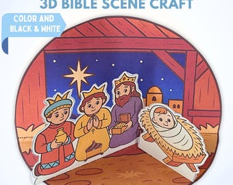 Puede incluir: Una manualidad de escena bíblica en 3D que representa la visita de los Reyes Magos a Jesús. La imagen muestra un diseño circular con tres reyes, un bebé en un pesebre y un fondo de noche estrellada. Se muestra el texto "Wise Men Visit Jesus" y "3D Bible Scene Craft".