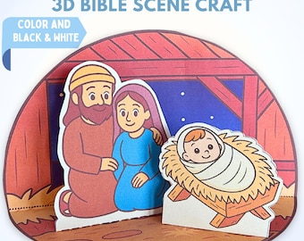 Puede incluir: Una manualidad de escena bíblica en 3D que representa el nacimiento de Jesús. La escena incluye figuras ilustradas de María, José y el niño Jesús en un pesebre. El texto "BIRTH OF JESUS 3D BIBLE SCENE CRAFT" se muestra en la parte superior. También se ven las palabras "COLOR AND BLACK & WHITE".
