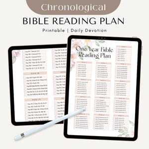 May include: A printable one-year Bible reading plan with a pink floral design. The plan is divided into weeks and days, with each day listing a specific book and chapter to read. The title "One Year Bible Reading Plan" is at the top of the page.