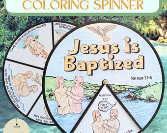 Jesus is Baptized Coloring Spinner Wheel Sunday School Craft Kids Ministry Lesson on Jesus’ Baptism Homeschool Bible Activity Memory Game