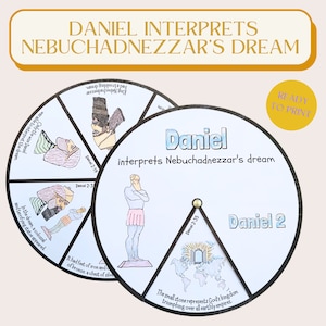 May include: A printable wheel with a black and white illustration of Daniel interpreting Nebuchadnezzar's dream. The wheel is divided into six sections, each with a different image and text. The text includes the Bible verses Daniel 2:19, Daniel 2:31, Daniel 2:35, and Daniel 2. The wheel is labeled "Daniel interprets Nebuchadnezzar's dream".