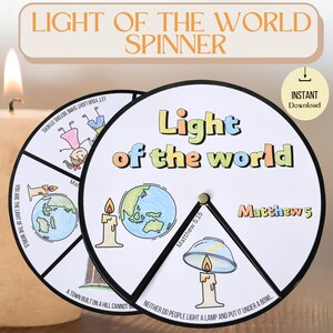Ruota girevole da colorare Luce del mondo stampabile, lavoretto Luce del mondo, attività della scuola domenicale, lavoretto del ministero dei bambini, attività biblica