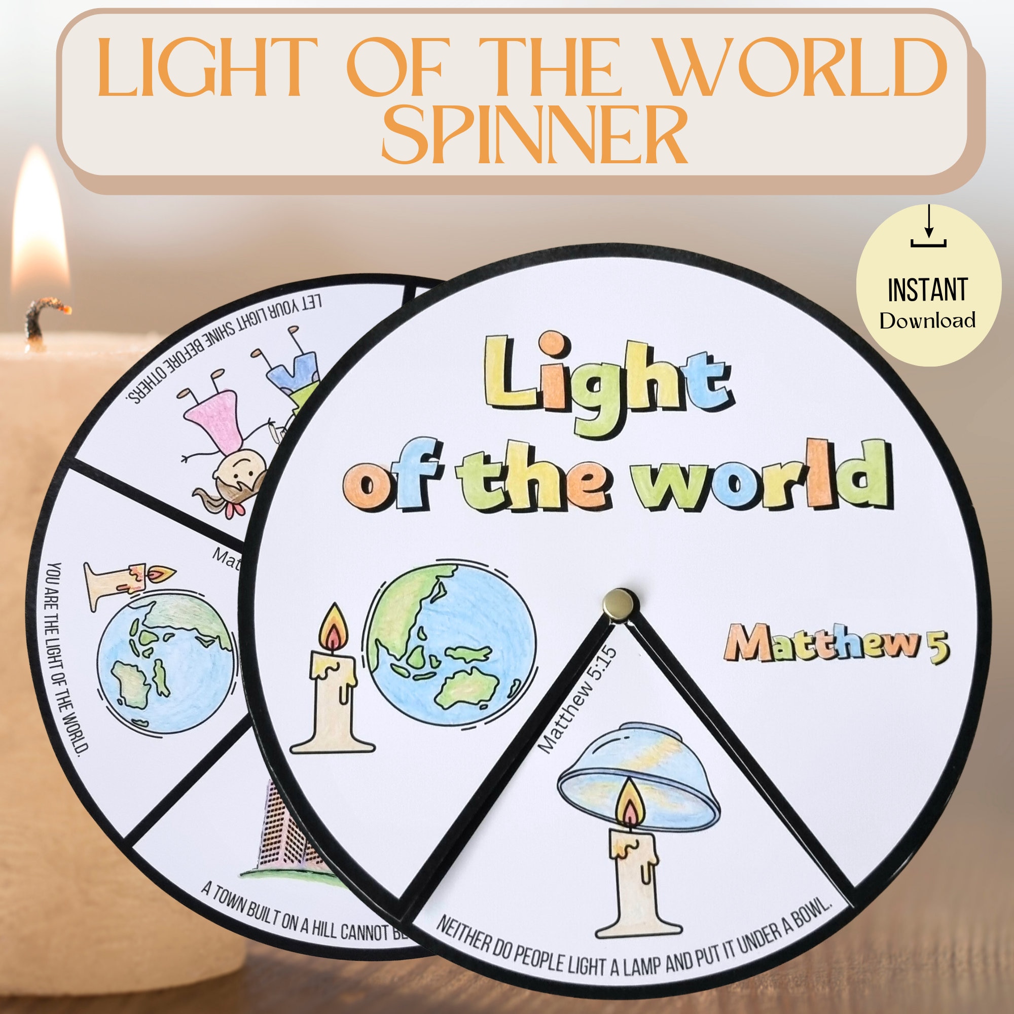 Printable Light of the World Coloring Spinner Wheel, Light of the World Craft, Sunday School Activity, Kids Ministry Craft, Bible Activity