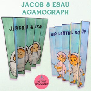Könnte beinhalten: Ein Agamograph mit dem Text "JACOB & ESAU AGAMOGRAPH". Das Kunstwerk zeigt Illustrationen von Babys und Kindern mit den Worten "RED LENTIL SOUP". Ein rosa Kreis mit "INSTANT DOWNLOAD" befindet sich unten.