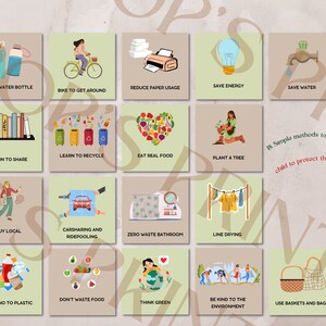 May include: A colorful infographic with 18 simple methods to teach children how to protect the environment. The infographic includes illustrations of people using reusable water bottles, biking, recycling, planting trees, and more.