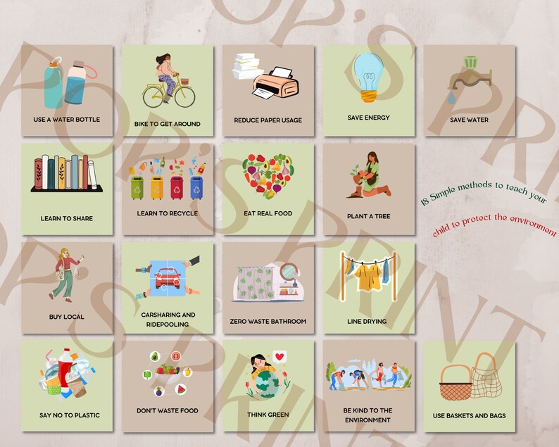 May include: A colorful infographic with 18 simple methods to teach children how to protect the environment. The infographic includes illustrations of people using reusable water bottles, biking, recycling, planting trees, and more.