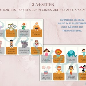 K&ouml;nnte beinhalten: Set mit 12 Affirmationskarten mit bunten Illustrationen von Tieren und Kindern. Jede Karte hat eine positive Affirmation auf Deutsch, wie "Ich bin stolz auf mich". Die Karten sind f&uuml;r den Einsatz zu Hause, im Klassenzimmer oder w&auml;hrend Therapiesitzungen gedacht. Die Karten messen 6,5 cm x 9,2 cm oder 2,5 Zoll x 3,6 Zoll.