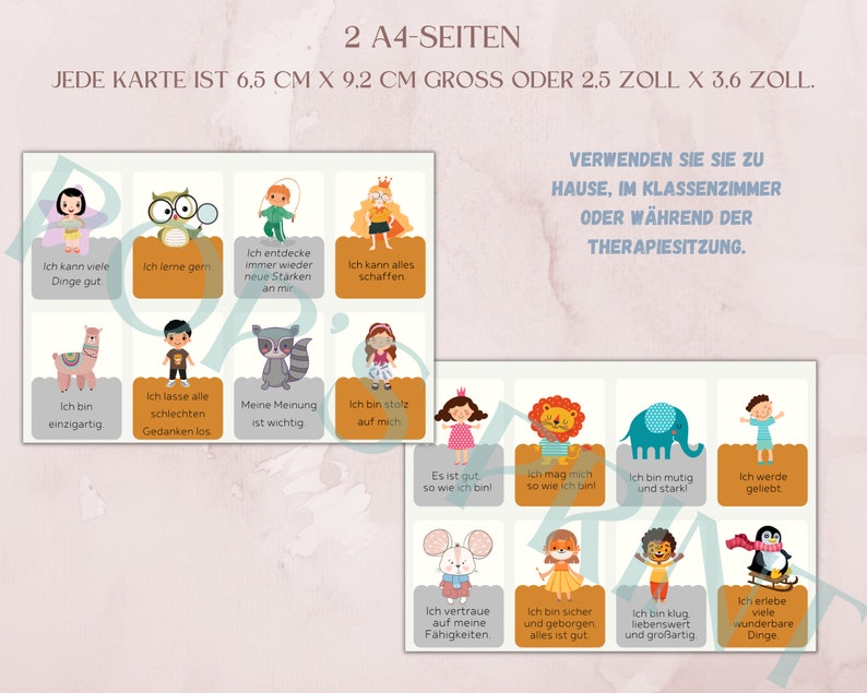 K&ouml;nnte beinhalten: Set mit 12 Affirmationskarten mit bunten Illustrationen von Tieren und Kindern. Jede Karte hat eine positive Affirmation auf Deutsch, wie "Ich bin stolz auf mich". Die Karten sind f&uuml;r den Einsatz zu Hause, im Klassenzimmer oder w&auml;hrend Therapiesitzungen gedacht. Die Karten messen 6,5 cm x 9,2 cm oder 2,5 Zoll x 3,6 Zoll.