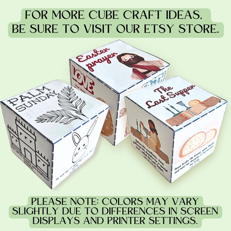 May include: A set of six printable paper cubes with illustrations and text related to Easter. The cubes feature images of a palm branch, a dove, a cross, a chalice, a loaf of bread, and a basket of eggs. The text on the cubes includes "Palm Sunday", "Easter Prayer", "Love", "The Last Supper", and "Jesus broke the bread and told".