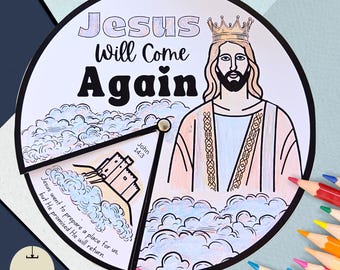 Jesus Will Come Again Spinner Wheel | Bible Verses Printable | Coloring Sunday School Activity| Jesus Return Bible Lesson Craft| Memory Game