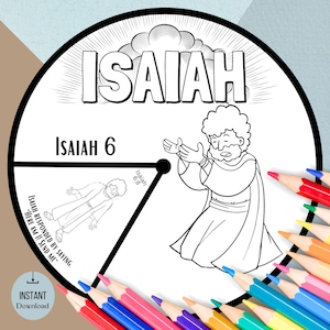 Lavoretto stampabile per la scuola domenicale di Isaia, Ruota girevole da colorare del profeta Isaia, Attività biblica per il ministero dei bambini, Lezione sull'Antico Testamento per la scuola domestica
