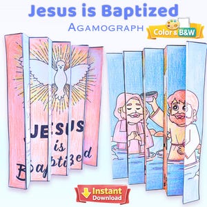 Afdrukbare Jezus wordt gedoopt agamografie, zondagsschoolbijbelkleuractiviteit met Johannes de Doper en de Heilige Geest