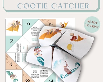 May include: A printable Red Sea Cootie Catcher game with colorful illustrations and text. The game features questions about the story of the Israelites crossing the Red Sea.