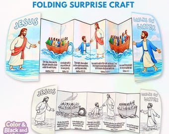 Puede incluir: Una manualidad plegable titulada "JESUS WALKS ON WATER" con ilustraciones de Jesús y los discípulos. La manualidad incluye versiones en color y blanco y negro, con el texto "Instant Download".