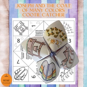 May include: A printable cootie catcher game for kids featuring the story of Joseph and his coat of many colors. The game is made up of eight squares with different images and text related to the story. The squares are folded to create a cootie catcher.