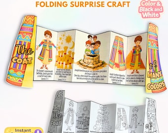 May include: A folding craft featuring illustrations from the story of Joseph's Coat of Many Colors. The colorful version shows Joseph in a coat, with text and images. A black and white version is also included. The words "The Coat" and "of Many Colors" are visible.