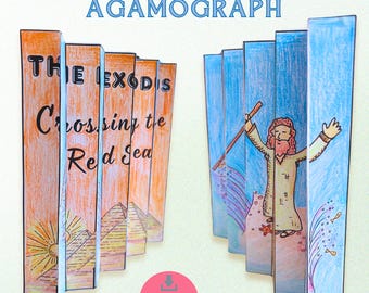 May include: An agamograph titled "Crossing the Red Sea" with the text "The Exodus" and "Crossing the Red Sea". The artwork features a drawing of a man with a staff and the sea parting. The agamograph is a craft project.