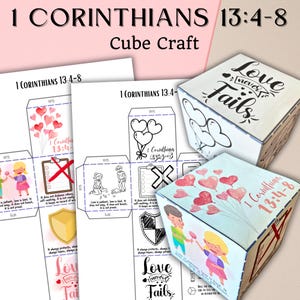 Druckbare 1 Korinther 13: 4-8 Würfel Handwerk, Sonntagsschul Aktivität, Valentinstag Memory-Spiel, Kinder Bibelstunde, 3D Bibel Vers Handwerk