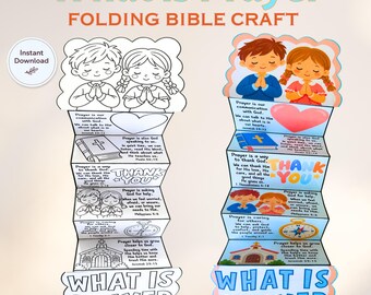 May include: A folding Bible craft titled What is Prayer, featuring two versions: one black and white outline for coloring and one fully colored. The accordion-style paper craft includes illustrations of children praying, a heart, a Bible, and a church.