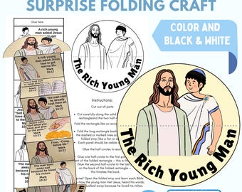 May include: A printable craft titled "The Rich Young Man Surprise Folding Craft" with illustrations of Jesus and a young man. Includes instructions, a color and black & white option, and an "Instant Download" button.