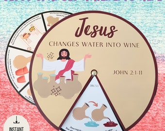 Jesus Turns Water into Wine Spinner, Bible Wheel Craft for Kids, Miracle of Jesus Craft, Sunday School Lesson, Homeschool Activity
