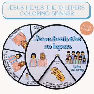 Printable Jesus Heals the 10 Lepers Coloring Spinner Wheel, Gratitude Bible Verse Craft for Kids, Sunday School Activity on Jesus&#39; Miracles