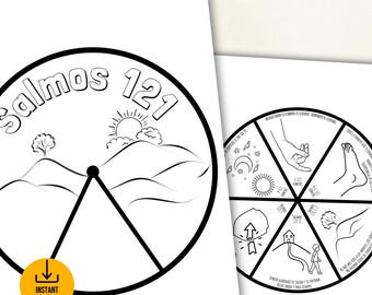 May include: Black and white printable coloring page featuring a wheel with the words "Salmos 121" and a sun, clouds, and hills. The wheel is divided into six sections with different images and text in Spanish.