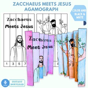 Agamógrafo imprimível de Jesus encontra Zaqueu – Artesanato para Escola Dominical, download instantâneo de atividade de história bíblica e modelo para colorir para crianças