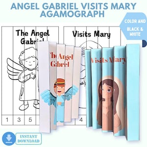Puede incluir: Un agamógrafo titulado "El ángel Gabriel visita a María". La obra de arte presenta un diseño en color y blanco y negro. El agamógrafo muestra al ángel Gabriel y a María. También es visible el texto "Descarga instantánea".