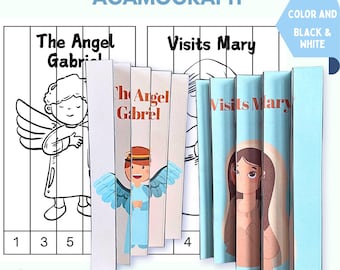 May include: An agamograph titled "Angel Gabriel Visits Mary." The artwork features a color and black and white design. The agamograph shows the angel Gabriel and Mary. The text "Instant Download" is also visible.
