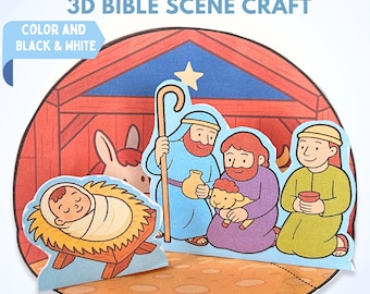 May include: A colorful 3D Bible scene craft depicting shepherds visiting Jesus. The scene includes figures of shepherds, baby Jesus in a manger, and a star. The text reads "Shepherds Visit Jesus" and "3D Bible Scene Craft".