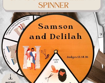 May include: A colorful spinning wheel game for kids about the biblical story of Samson and Delilah. The wheel has illustrations of Samson and Delilah, scissors, and a hand with hair. The text on the wheel reads "Samson and Delilah", "Judges 13:5", "Judges 13. 14. 16", and "Samson was a special boy with long hair that he was not allowed to cut."