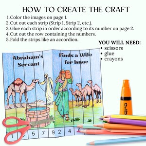 Op de afbeelding: Een knutselproject voor kinderen met instructies en illustraties. De tekst luidt 'Hoe maak je het ambacht' en bevat stappen voor kleuren, knippen en lijmen. De illustraties tonen bijbelse sc&egrave;nes met kamelen en figuren. Schaar, lijm en kleurpotloden zijn ook zichtbaar.