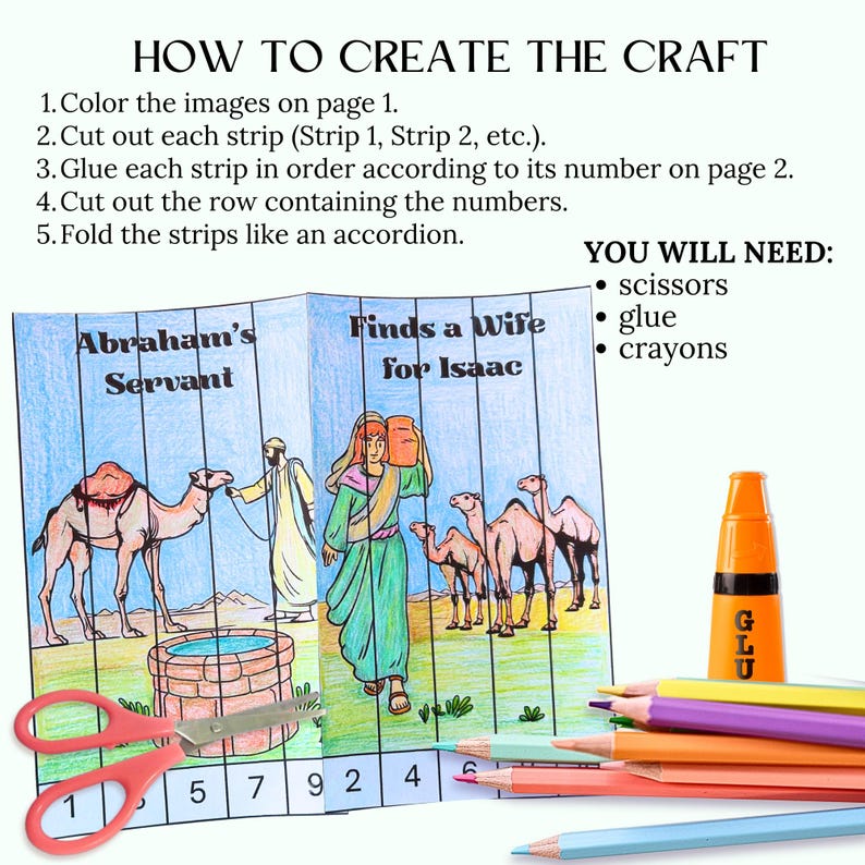 Op de afbeelding: Een knutselproject voor kinderen met instructies en illustraties. De tekst luidt 'Hoe maak je het ambacht' en bevat stappen voor kleuren, knippen en lijmen. De illustraties tonen bijbelse sc&egrave;nes met kamelen en figuren. Schaar, lijm en kleurpotloden zijn ook zichtbaar.