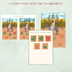 May include: A printable worksheet set for kids featuring a cartoon illustration of Jesus riding a donkey. The worksheet includes a spot-the-difference activity and a cut-and-paste activity. The text on the worksheet reads "Find 5 differences" and "Cut out the pieces to finish the picture".