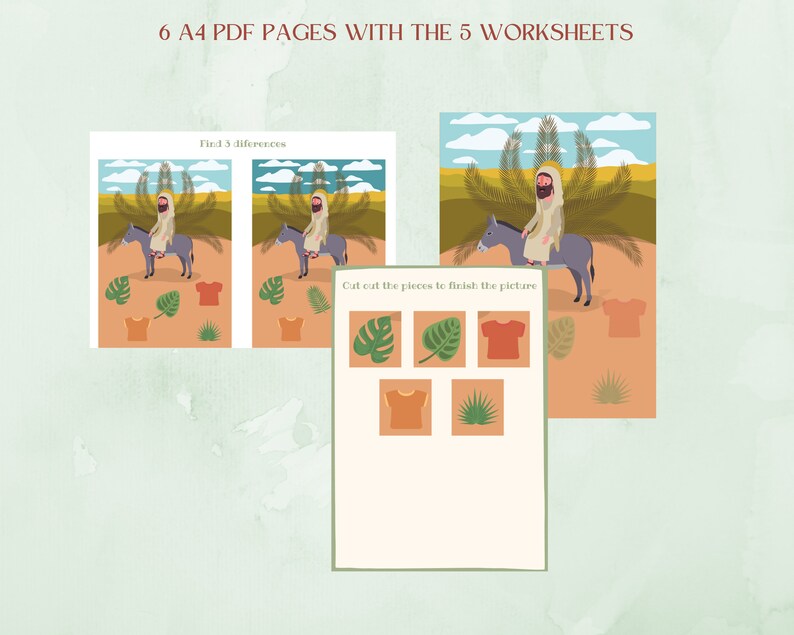 May include: A printable worksheet set for kids featuring a cartoon illustration of Jesus riding a donkey. The worksheet includes a spot-the-difference activity and a cut-and-paste activity. The text on the worksheet reads "Find 5 differences" and "Cut out the pieces to finish the picture".